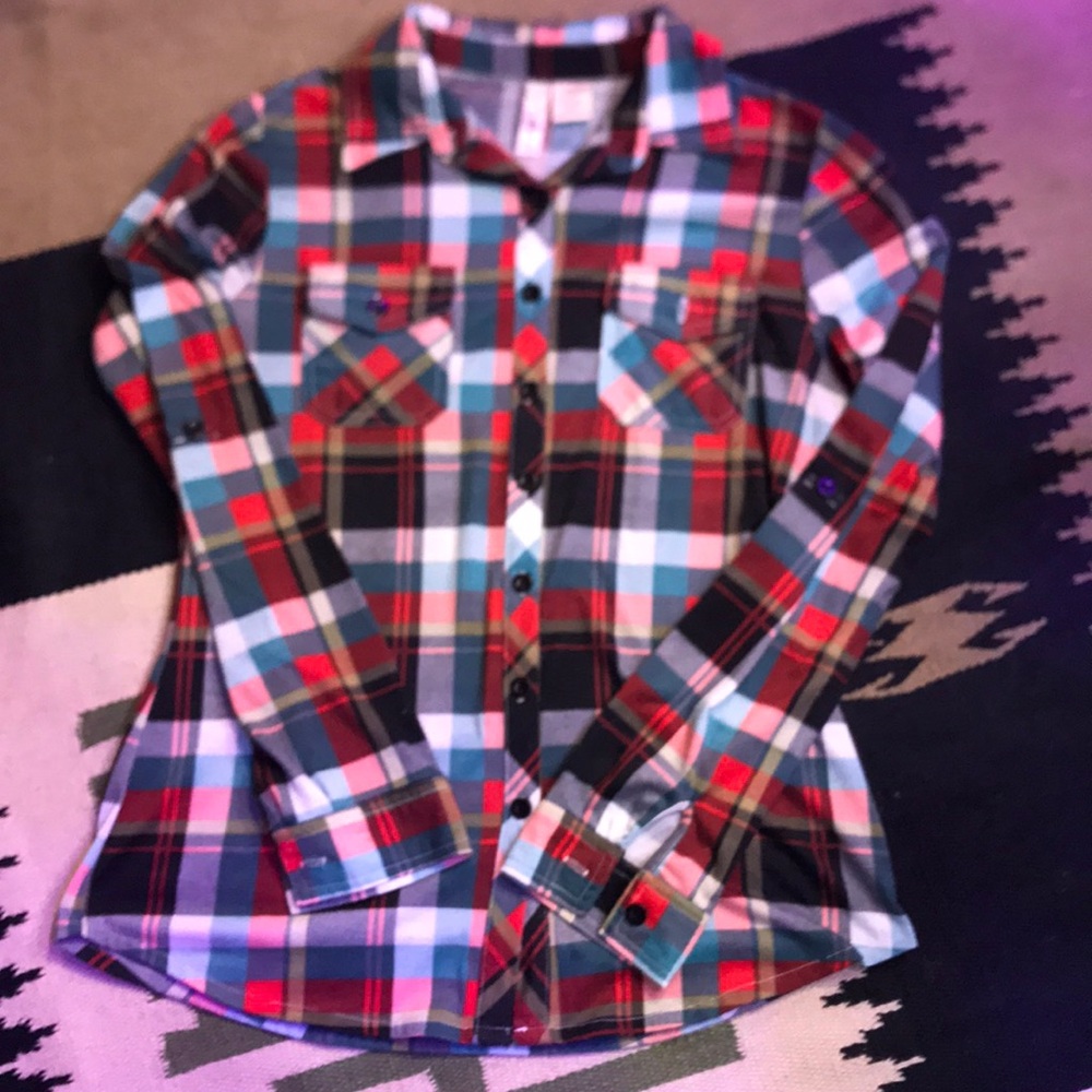 Red blue and black button down